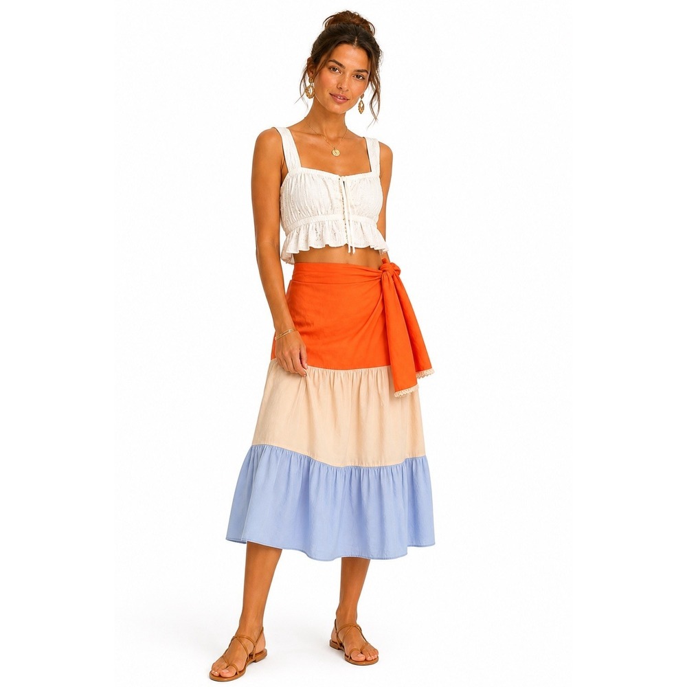 Morena Rosa Colorblock Midi Skirt NWOT Orange Cream Blue Tiered Boho Resort S